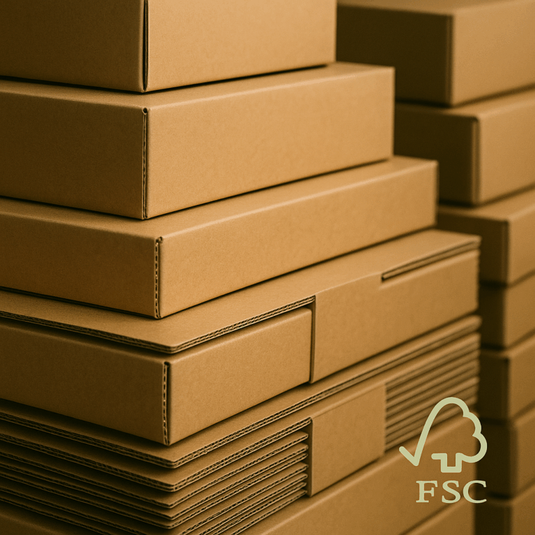 Papkasser → Stablede papkasser i FSC-certificeret pap klar til forsendelse