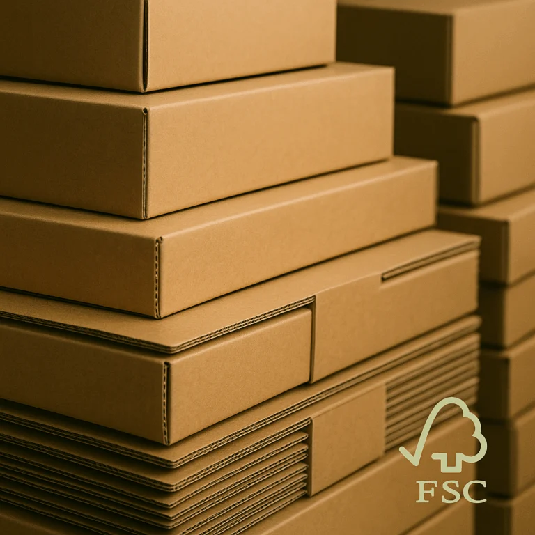 Papkasser → Stablede papkasser i FSC-certificeret pap klar til forsendelse