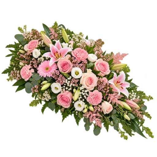 Lyserød bårebuket med rosa roser, lyserøde nelliker, liljer og elegante grønne detaljer til begravelse