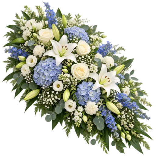 Naturlig bårebuket med vilde blomster, hvide margueritter, rosa sæsonblomster og fine græsser