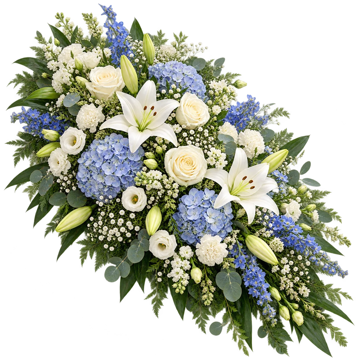 Naturlig bårebuket med vilde blomster, hvide margueritter, rosa sæsonblomster og fine græsser
