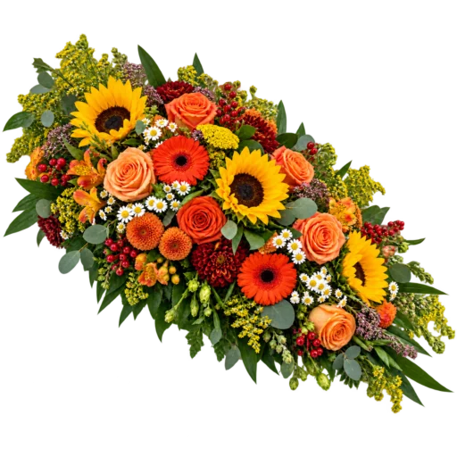 Farverig bårebuket med solsikker, orange roser, gerbera og sæsonblomster til begravelse
