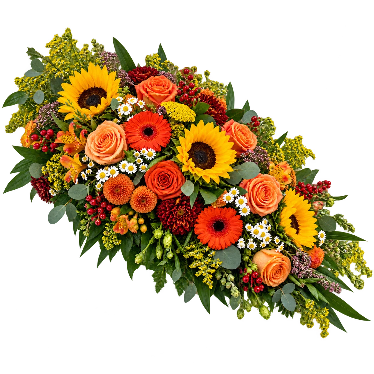 Farverig bårebuket med solsikker, orange roser, gerbera og sæsonblomster til begravelse