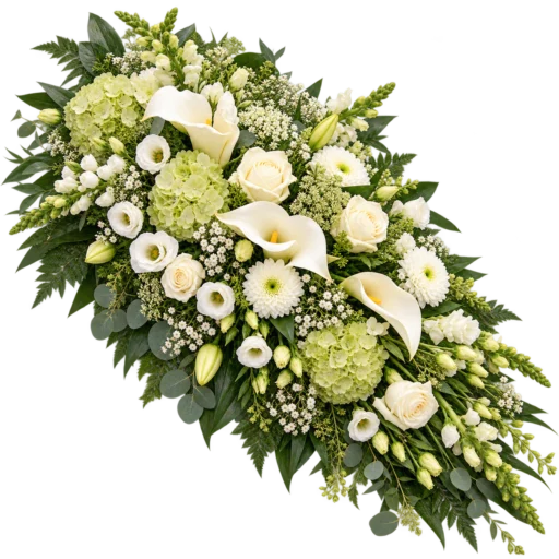 Blå og lilla bårebuket med hortensia, ridderspore, hvide roser og naturligt grønt til begravelse