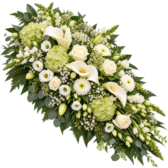 Blå og lilla bårebuket med hortensia, ridderspore, hvide roser og naturligt grønt til begravelse