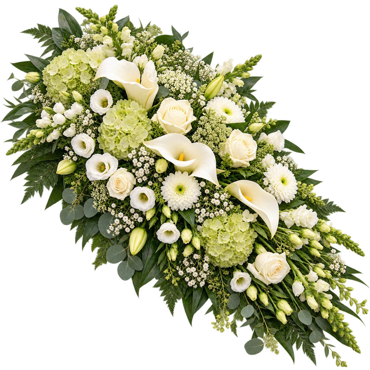 Blå og lilla bårebuket med hortensia, ridderspore, hvide roser og naturligt grønt til begravelse